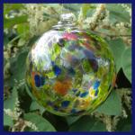 Gazing Ball4: GB33 Green Background with Purple and Orange and Blue on a Hanging Glass Ball of 4 inches, 2 for $15