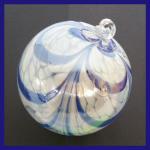 Gazing Ball4: GB48 White with Blue Swoosh Hanging Glass Ball of 4 inches, 2 for $18