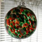 Gazing Ball4: HB19-1 Green/Orange/White Speckles on a Hanging Glass Ball of 4 inches