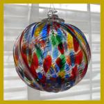 Gazing Ball4: HB56 Red/Blue/Green/Yellow Speckles on a Ridged Hanging Glass Ball of 4 inches, 2 for $15
