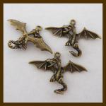 Pewter Charms: Dragon, Flying Antiqued Brass (AB), 10 pieces