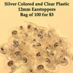 Earstoppers: Clear Plastic with Silver Finding, 12mm, 100 pieces