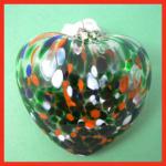 Heart: #101 Multi Green, white, orange, blue, Glass, 4 Inches across, about 2 inches thick at its thickest, looped, hollow, 3 for $21