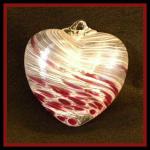 Heart:  #5 Silver, Grey and Darker Purple (Pink), 4 Inches across, 2 inches thick at its widest, looped, hollow, glass, 3 for $21