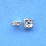 Base Metal Beads: Silver Colored Square w/ Clear Inlaid Glass Crystals 5mm, per 10